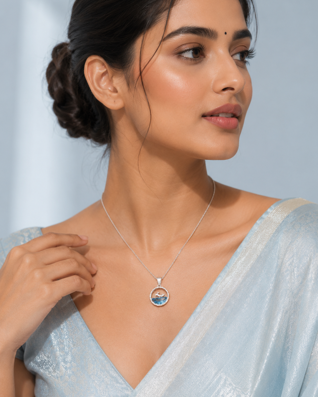Silver Blue Crystal Deer Pendant Necklace
