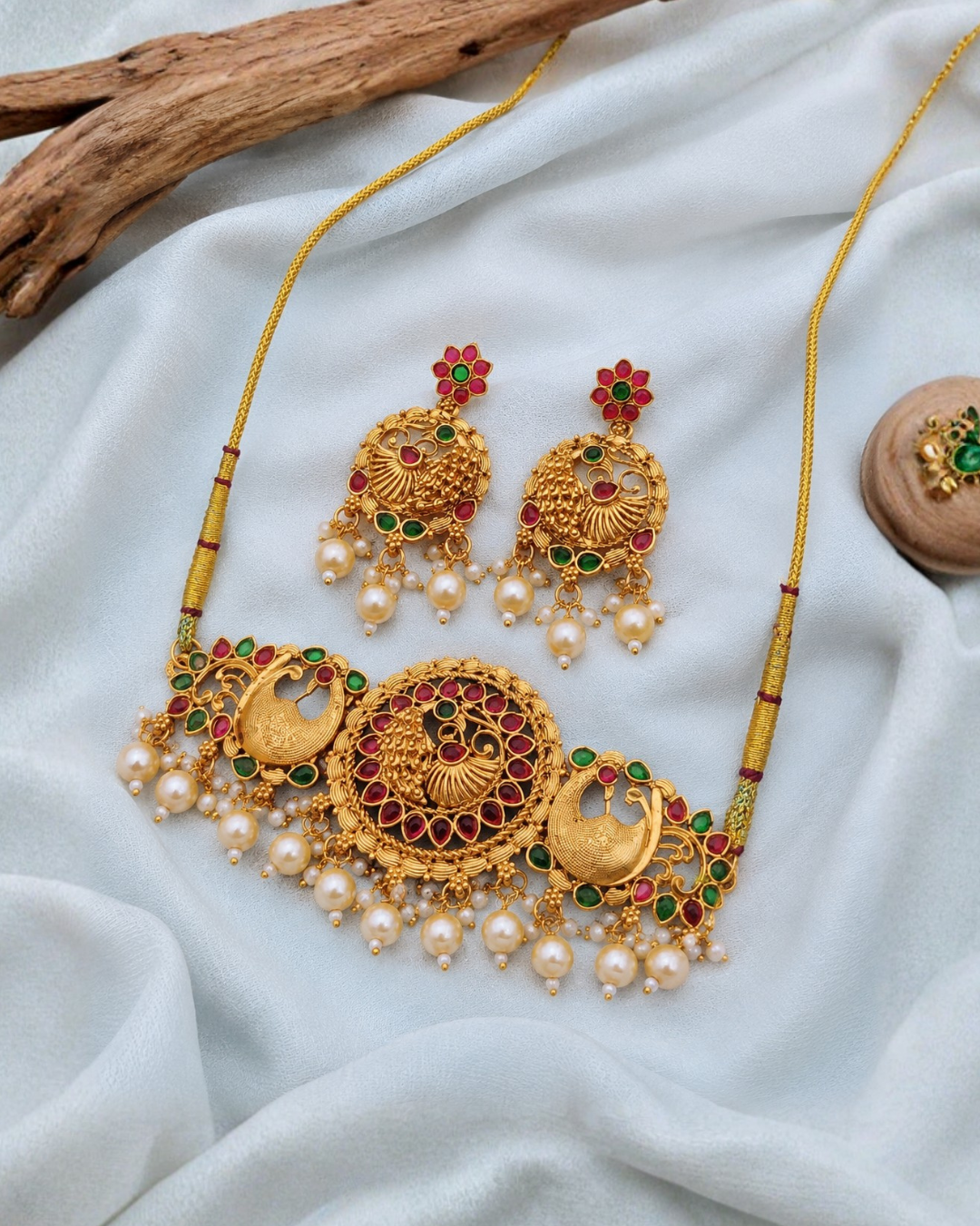 Antique peacock ruby emerald pearl necklace set