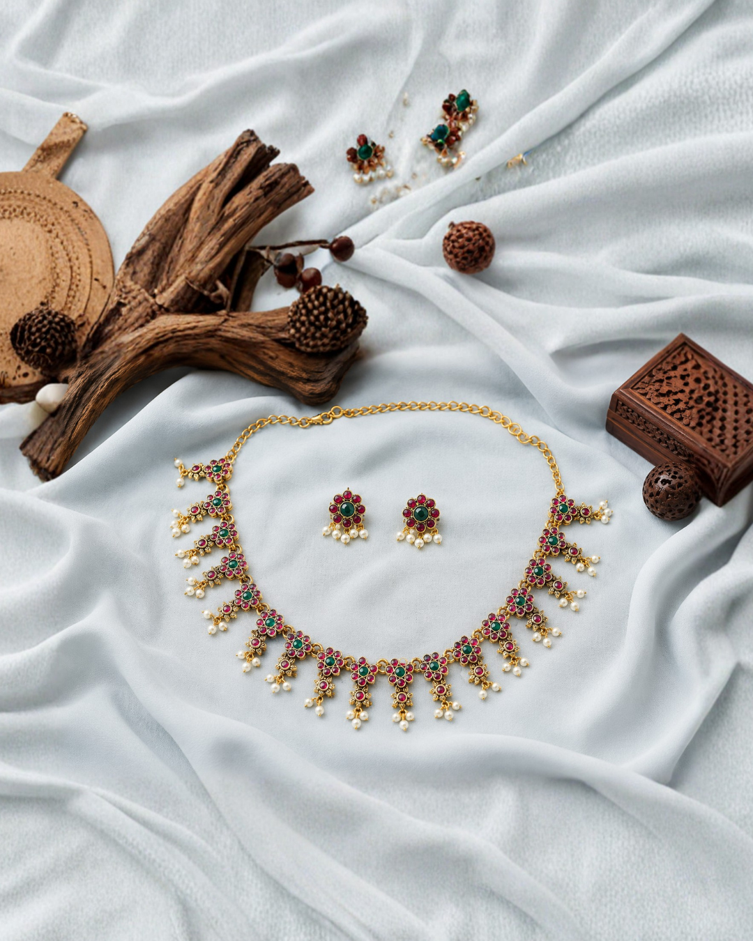 Ruby emerald pearl drop necklace set