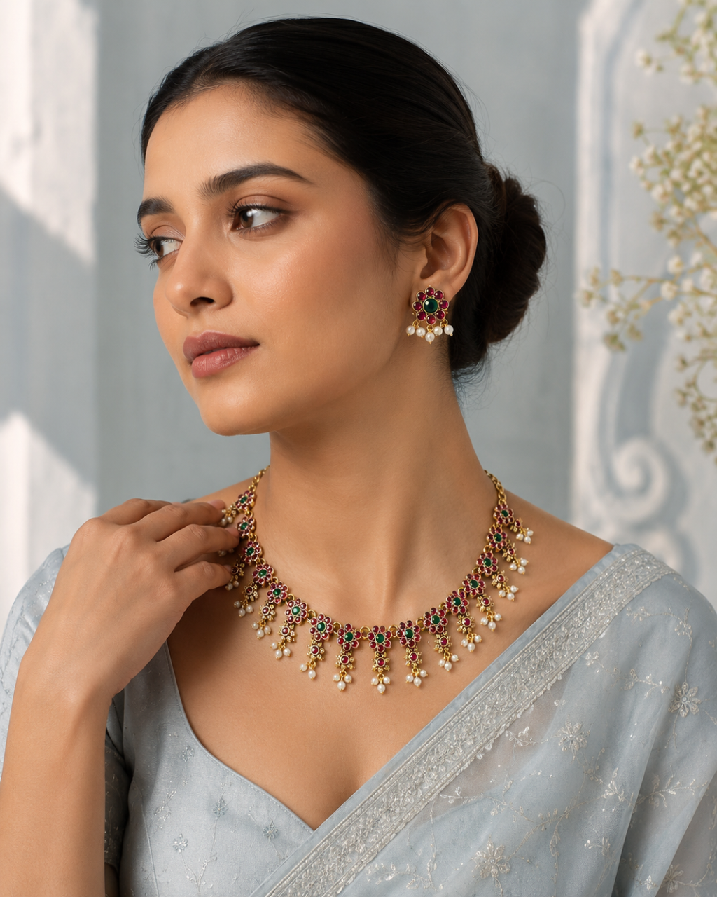 Ruby Emerald Pearl Drop Necklace Set