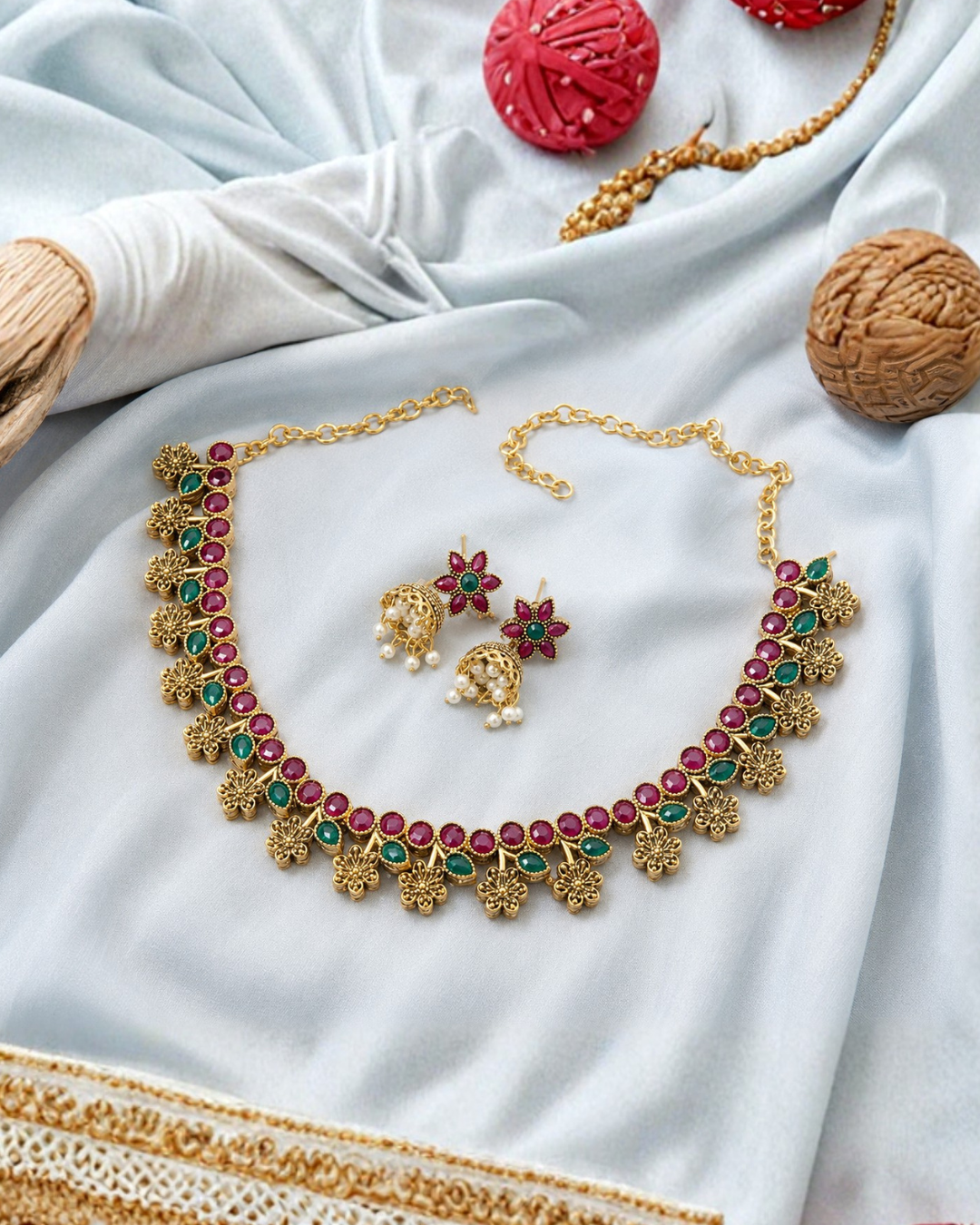 Ruby emerald floral necklace set