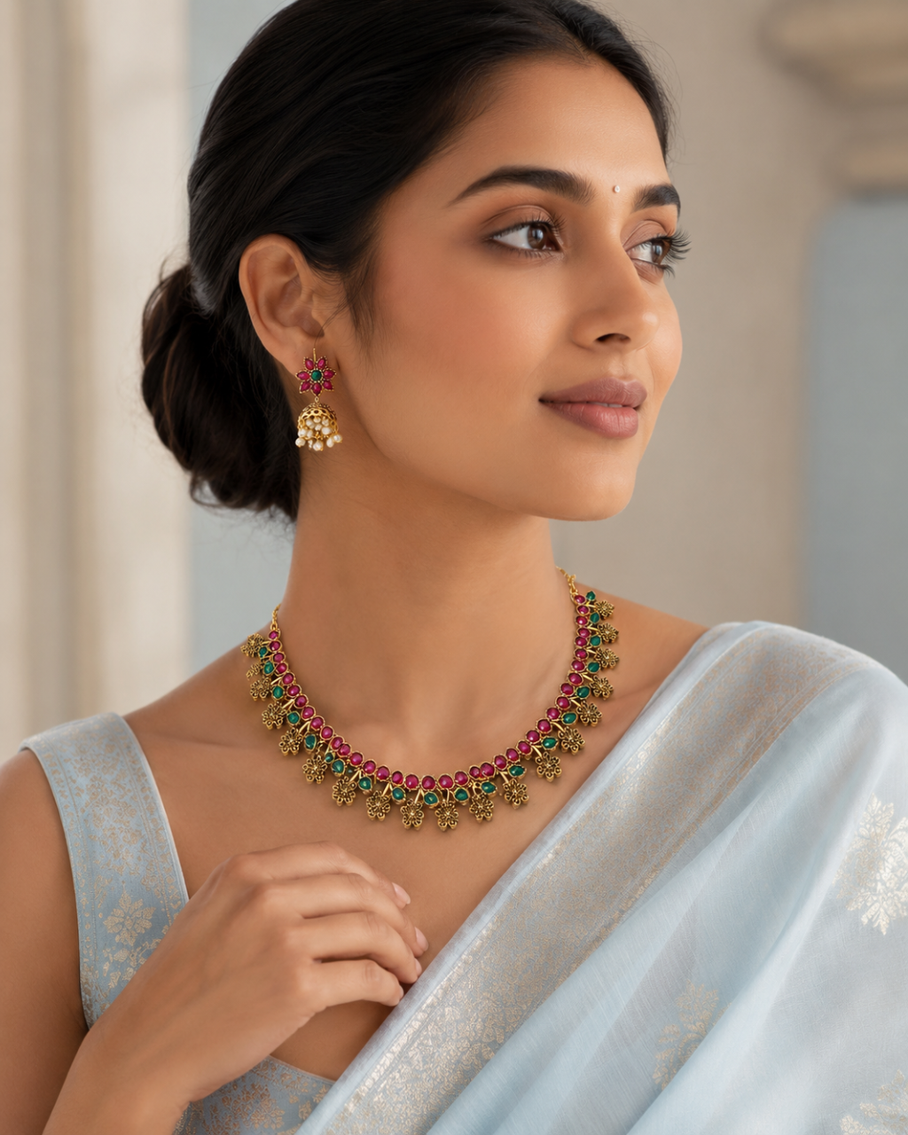 Ruby Emerald Floral Necklace Set