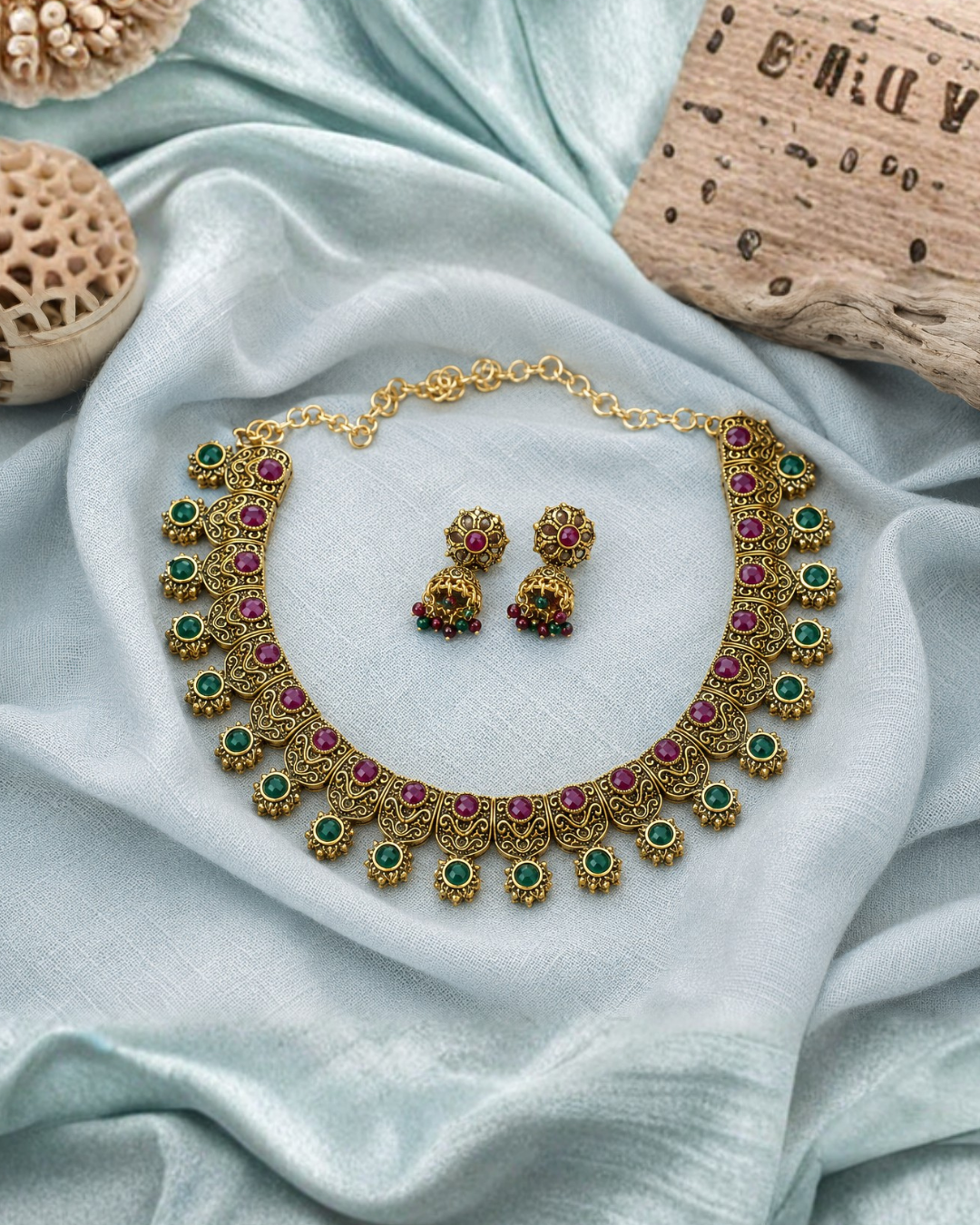 Antique ruby emerald temple necklace set