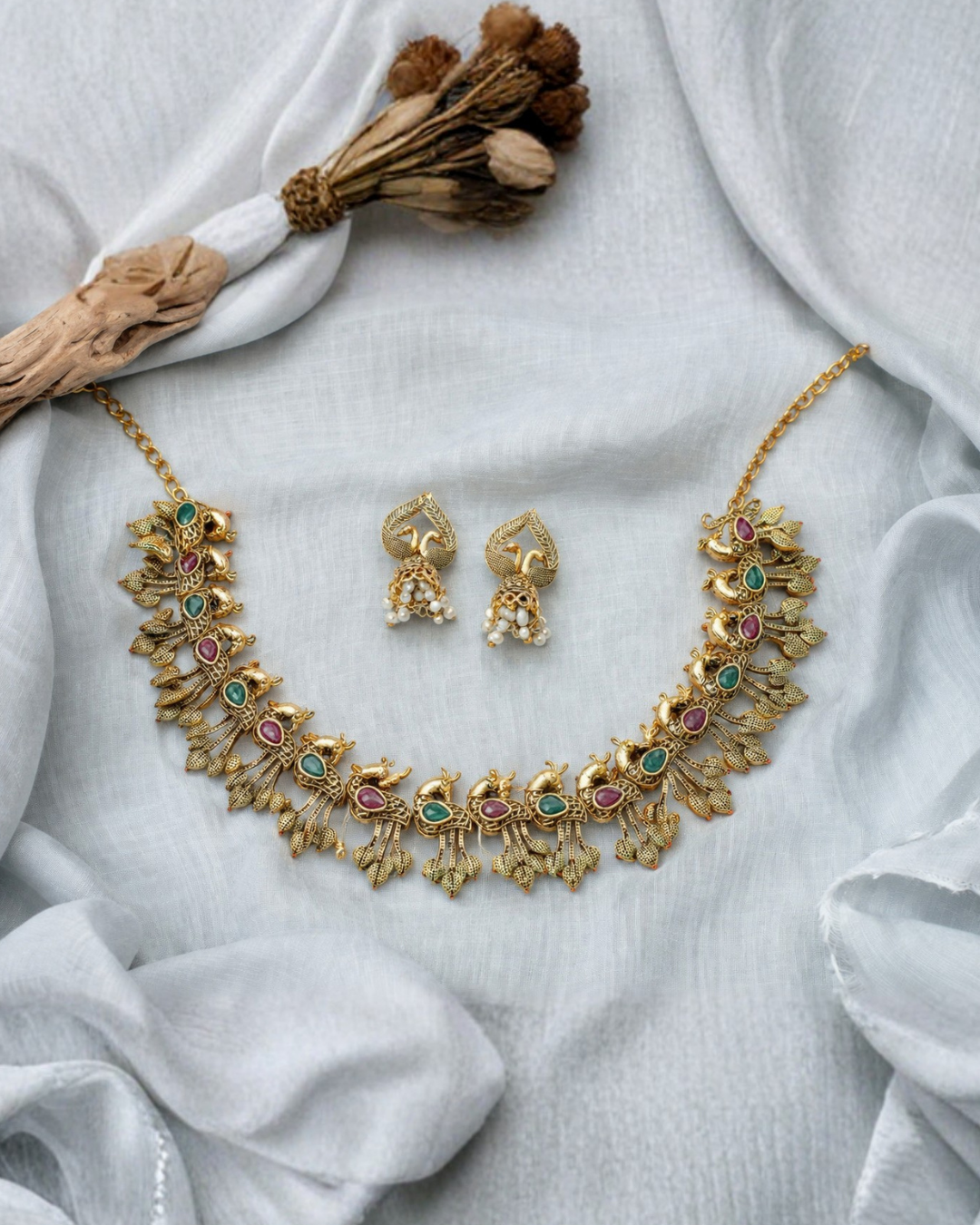 Mayura peacock antique temple necklace set