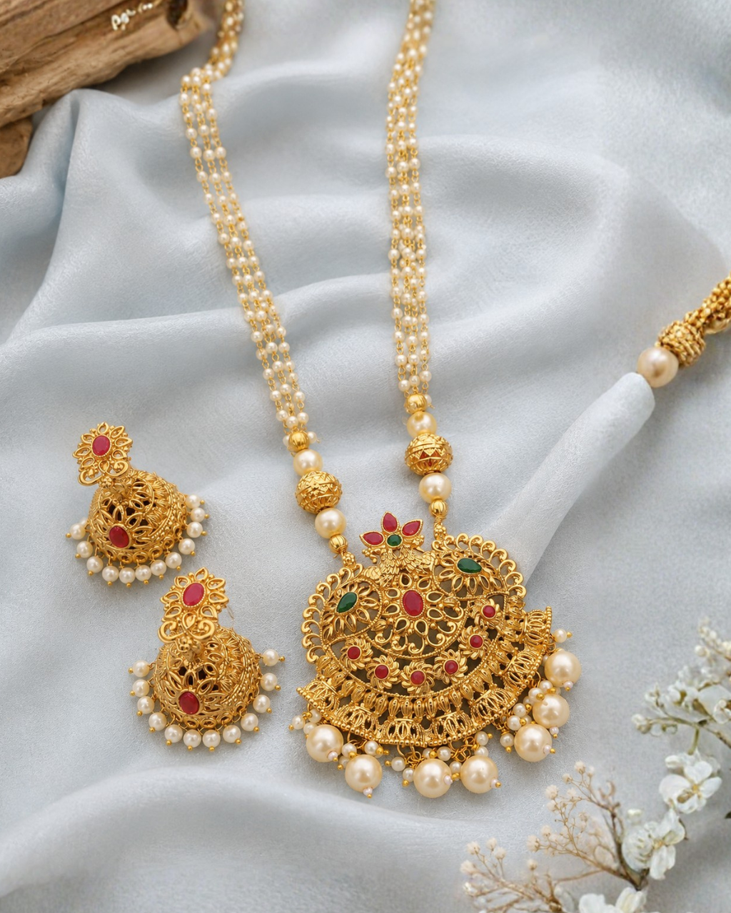 Antique floral ruby emerald pearl pendant necklace set