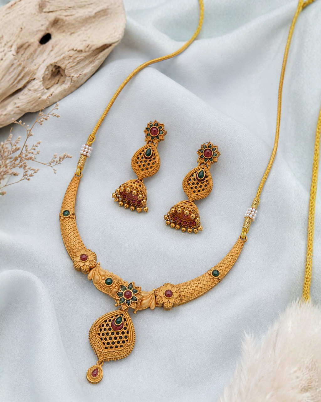 Antique floral ruby emerald pendant necklace set