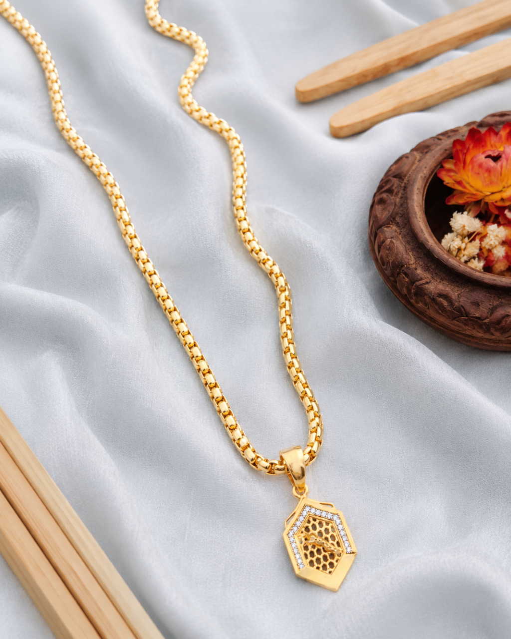 Honeycomb Bee Hexagon Gold Pendant Chain