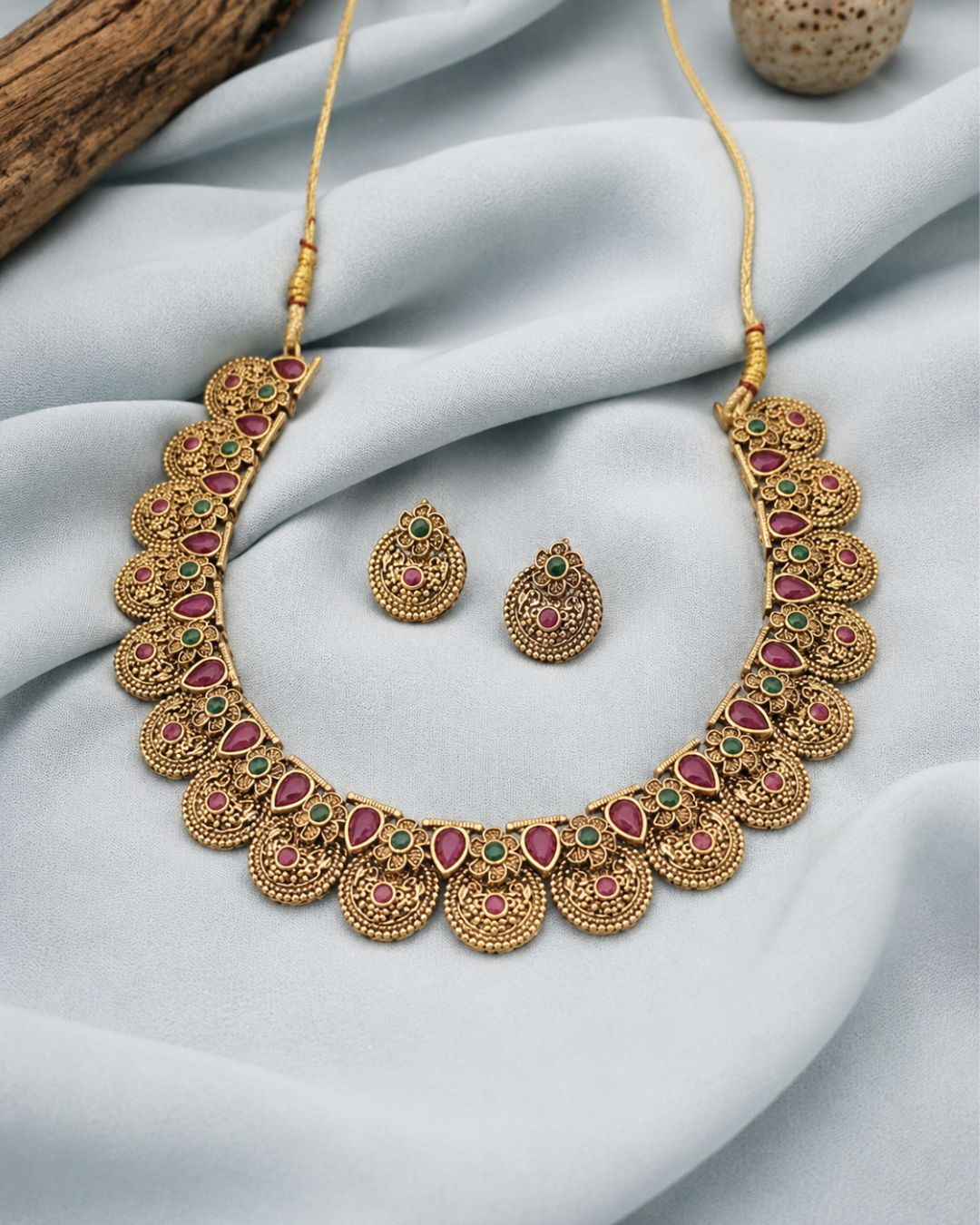 Antique temple ruby emerald necklace set