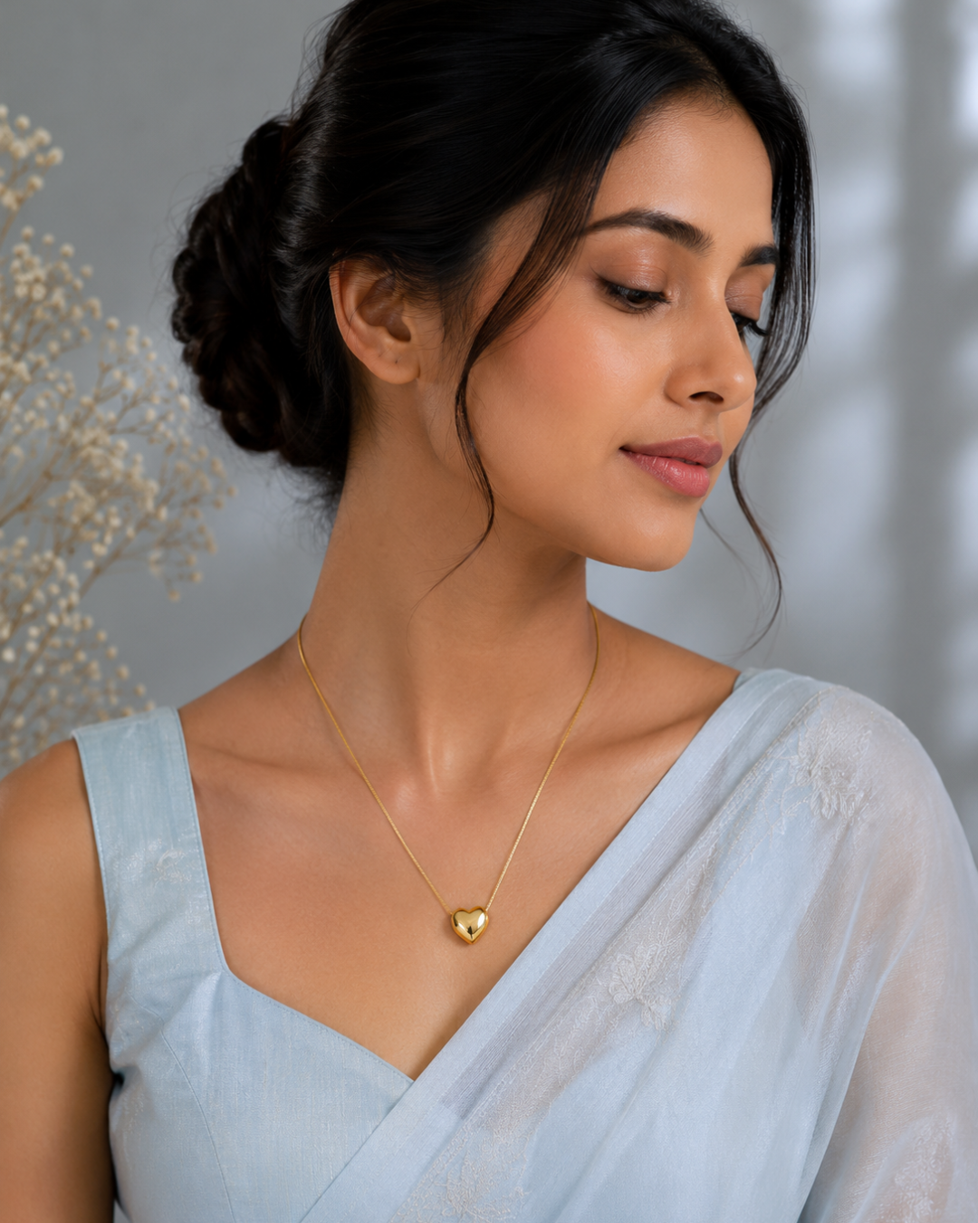 Golden Puffy Heart Pendant Necklace