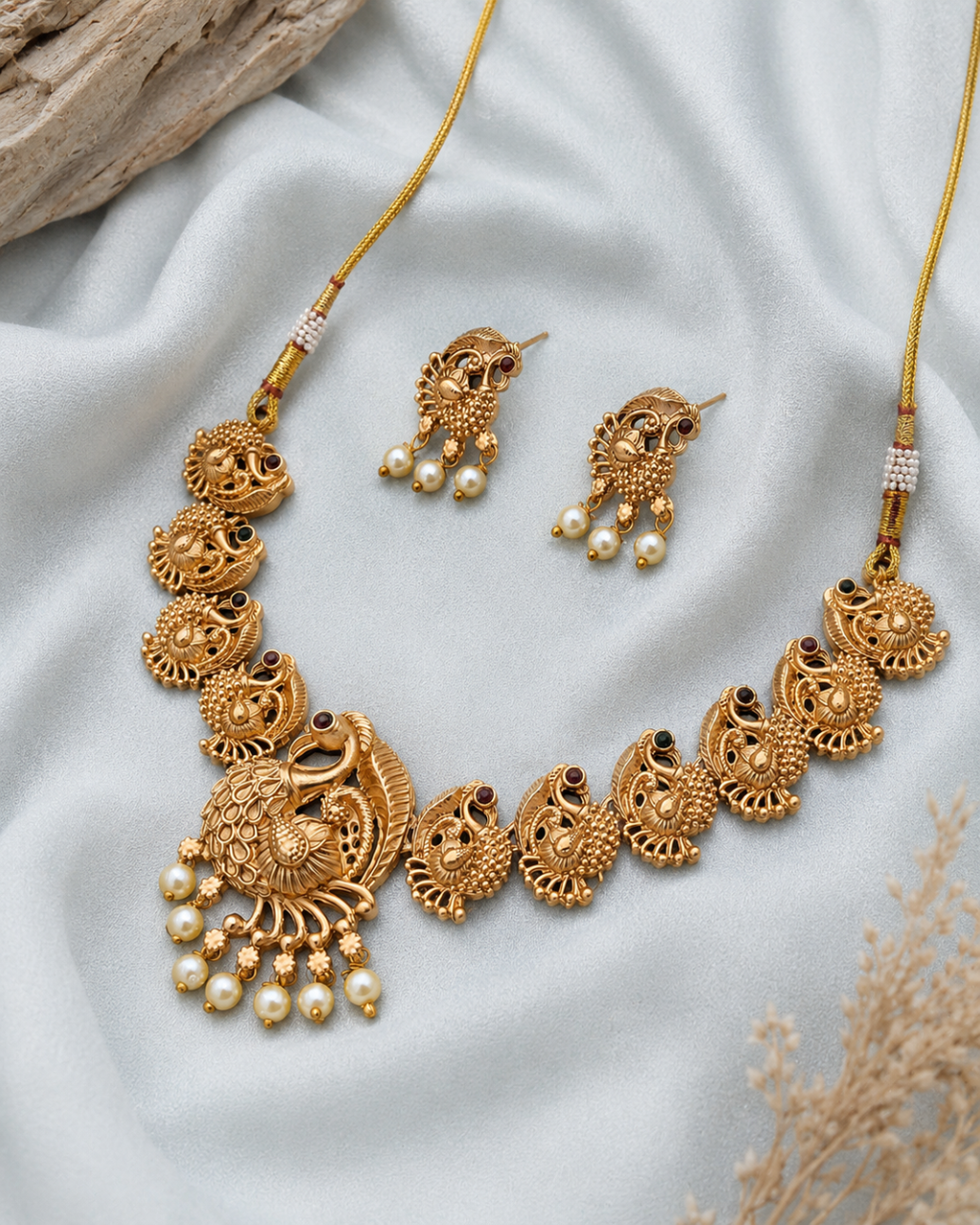 Antique peacock pearl ruby emerald necklace set