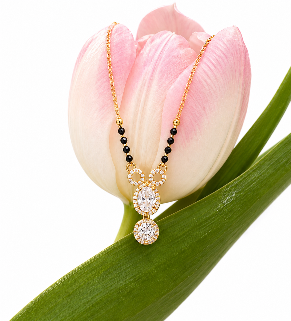 Elegant Rose Gold Mangalsutra with Dual Crystal Drop Pendant