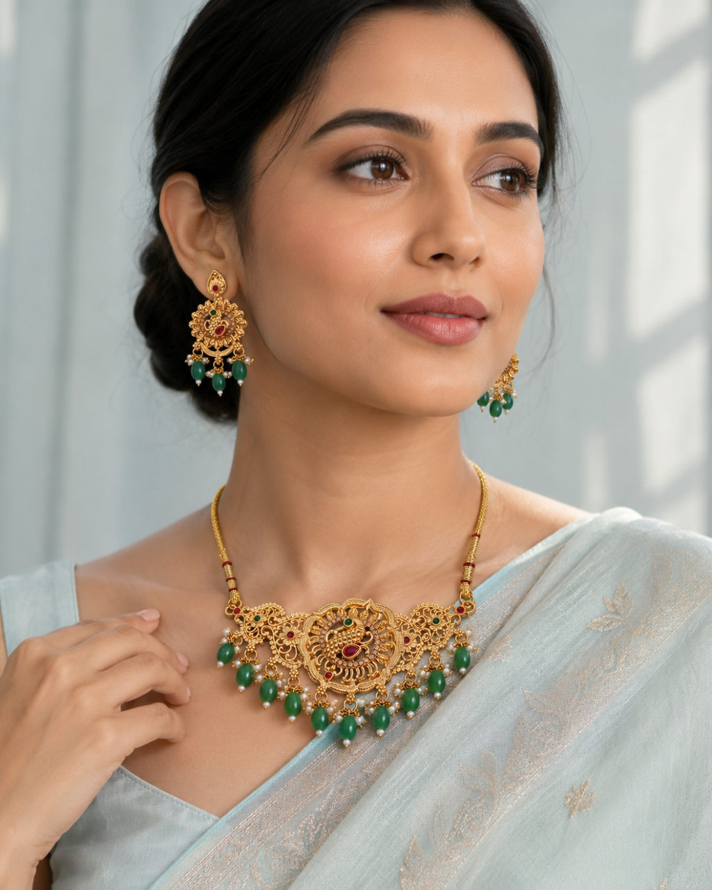 Emerald Bloom Temple Necklace Set