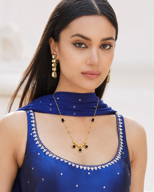Black Gemstone Mangalsutra Necklace with Gold-Tone Charms