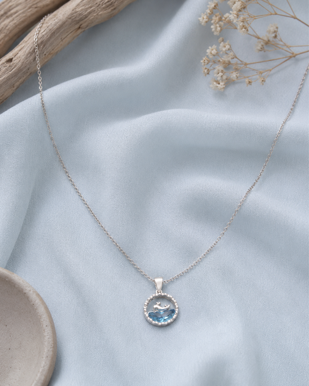 Silver blue crystal deer pendant necklace