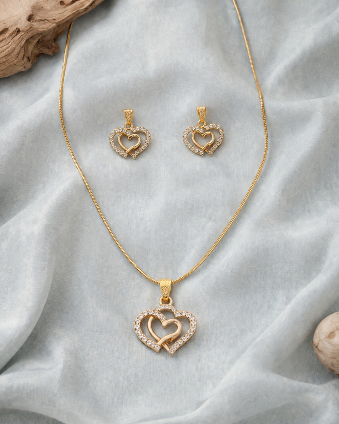 Golden double heart CZ pendant necklace set
