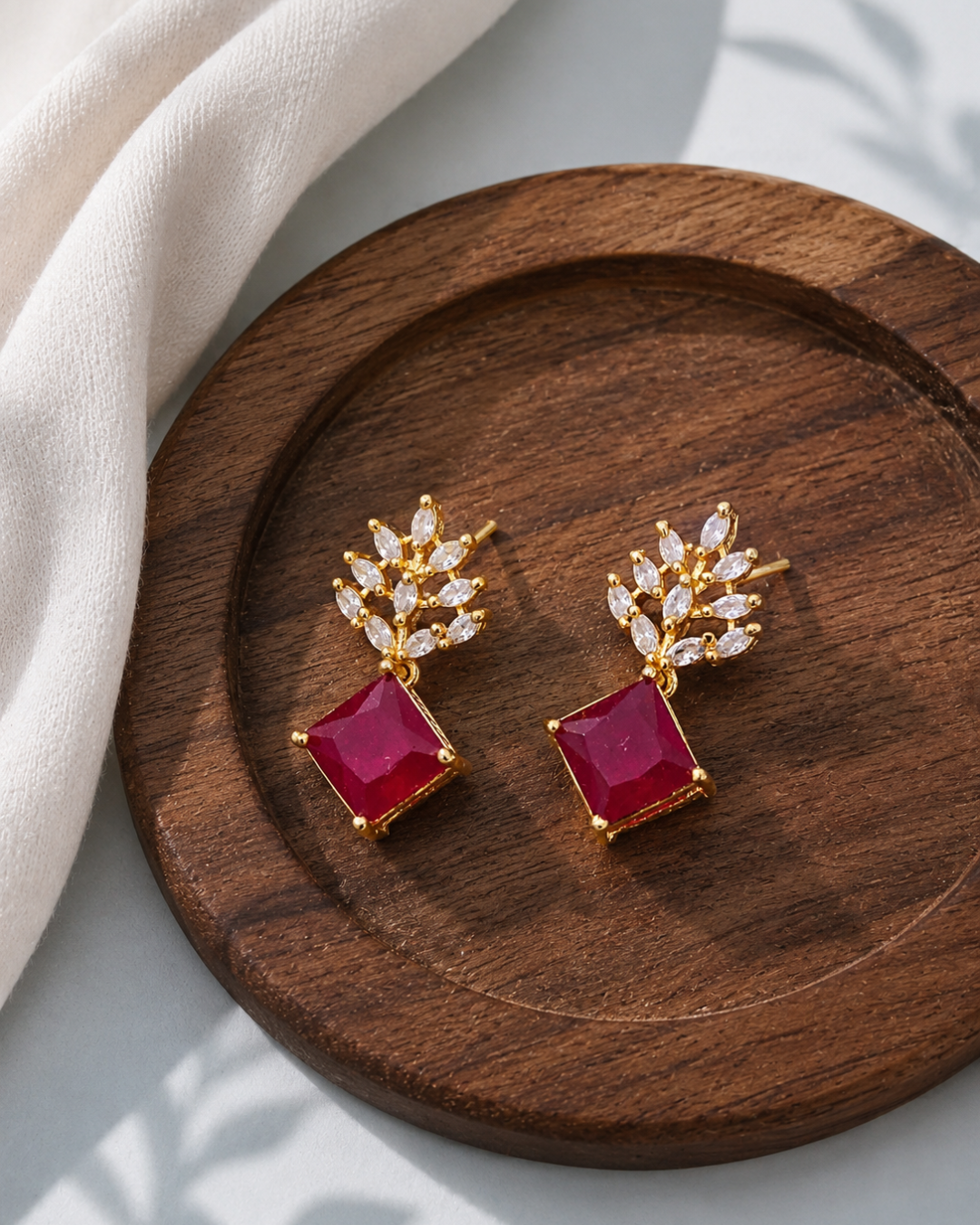 Ruby leaf CZ drop earrings for women