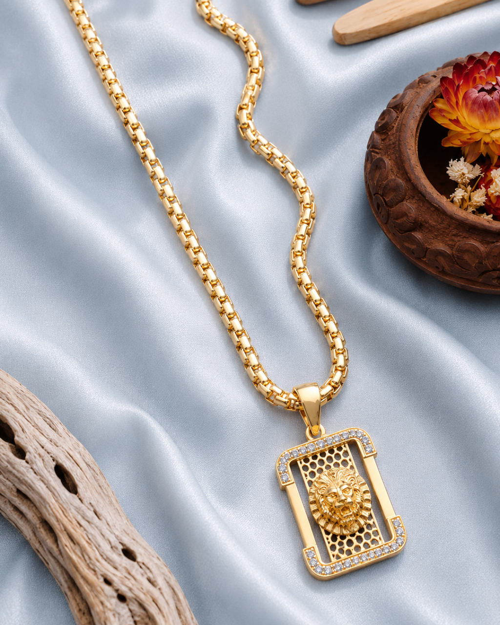 Regal Lion Gold Pendant with Premium Box Chain