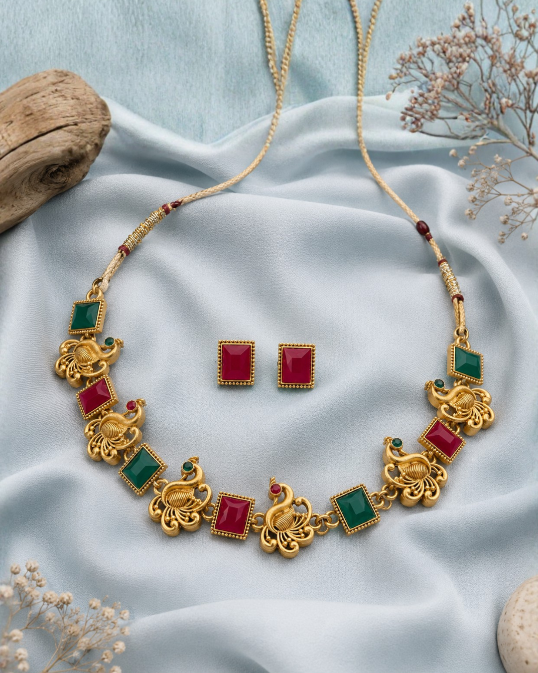 Peacock ruby emerald antique necklace set