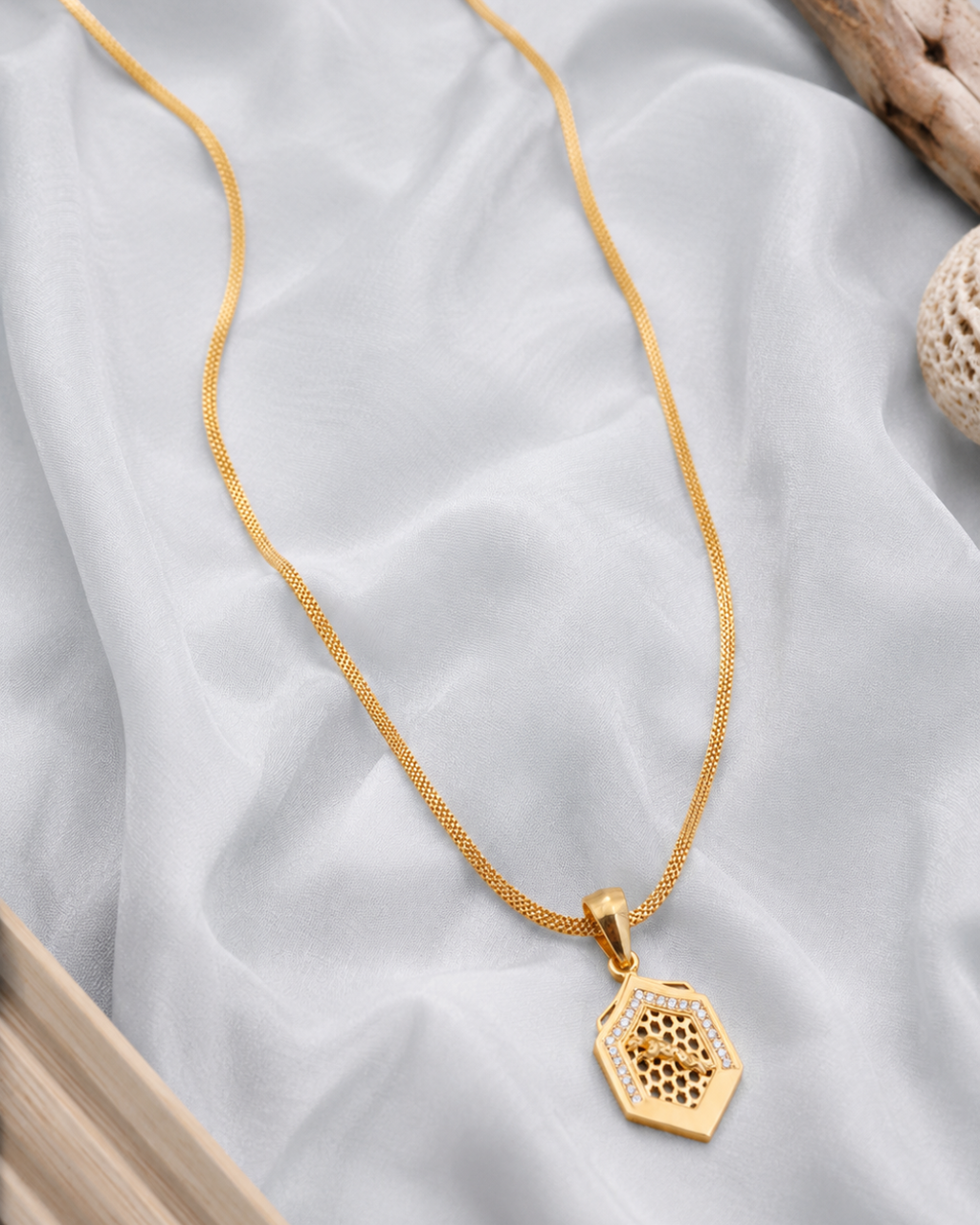 Honeycomb Bee Hexagon Gold Pendant Chain