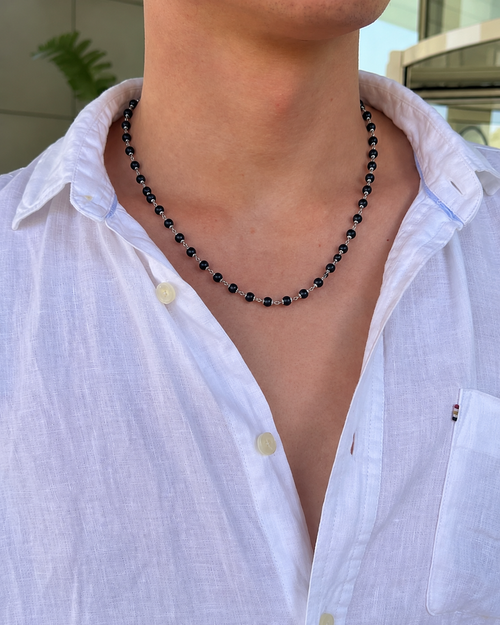 black beaded mangalsutra necklace with gold-plated finish
