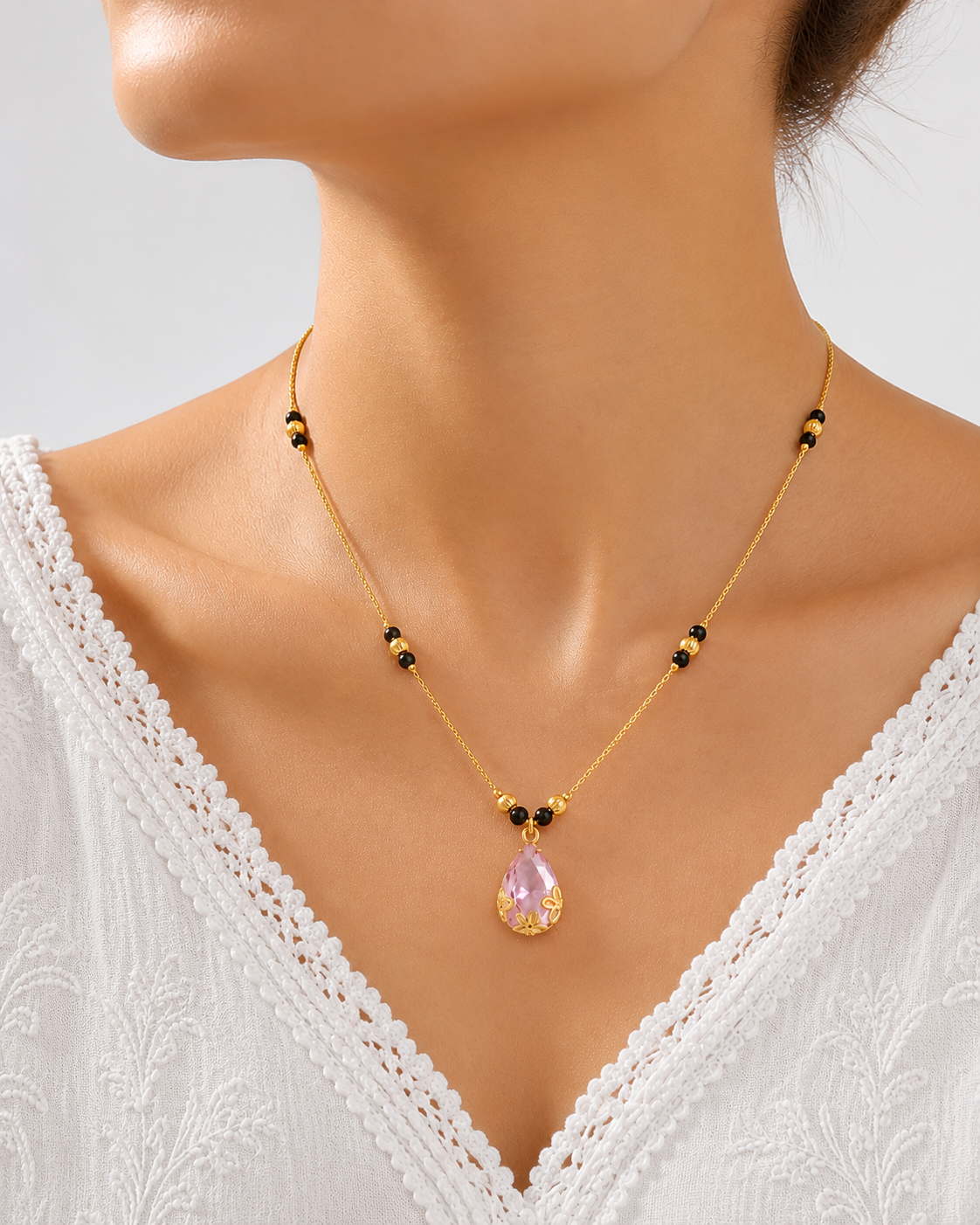 Gold-Tone Pink Teardrop Mangalsutra Necklace