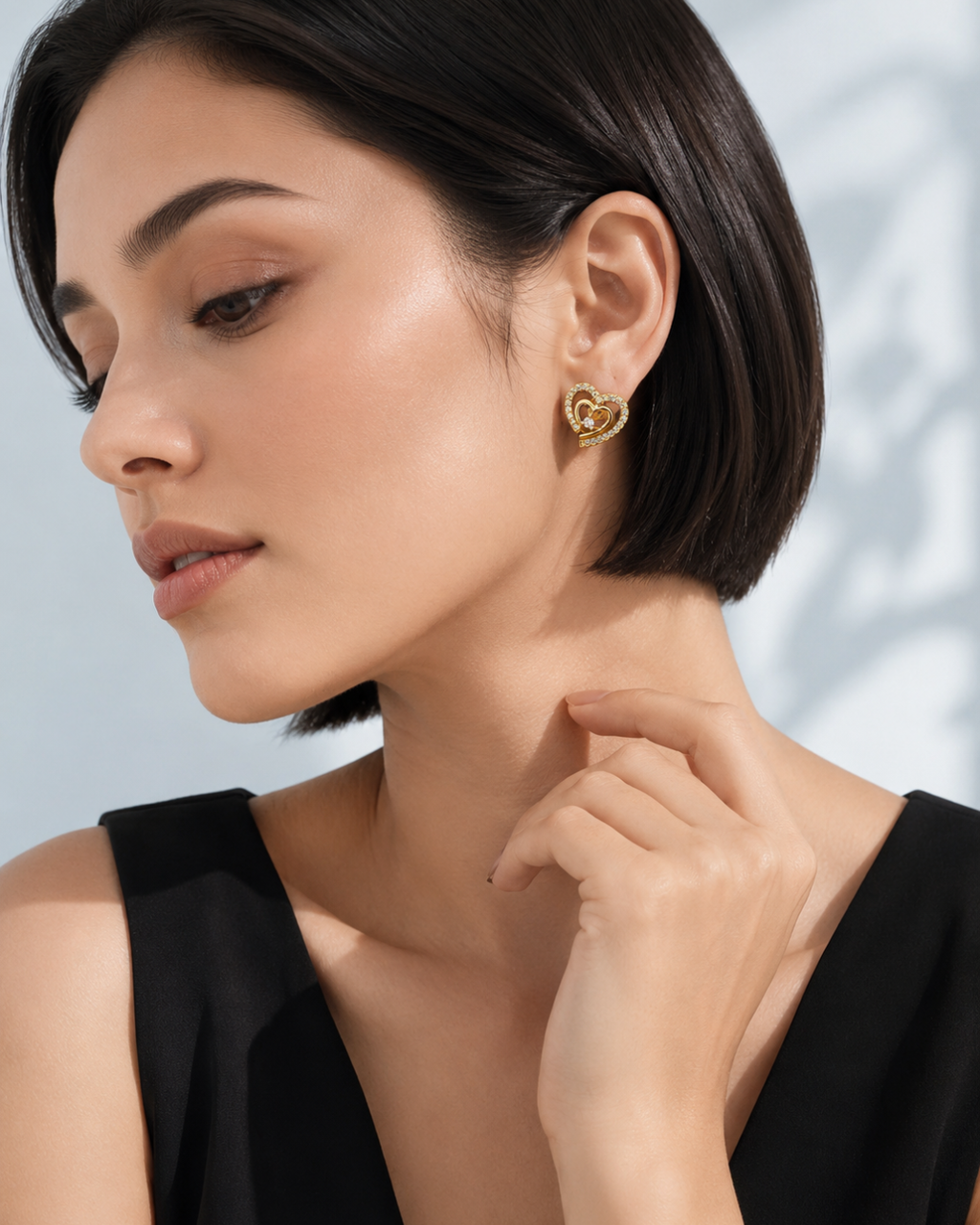 Golden CZ Heart Stud Earrings