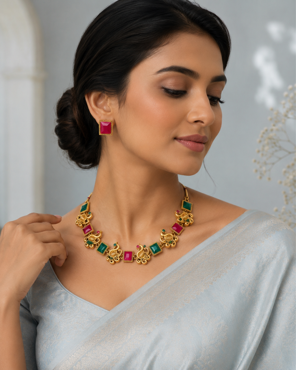 Peacock Ruby & Emerald Stone Necklace Set