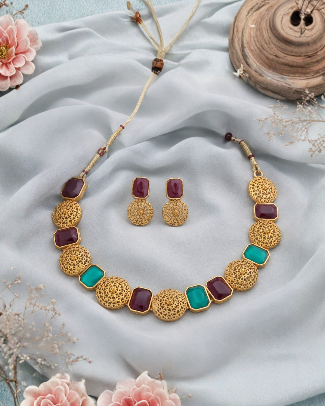 Royal antique ruby emerald necklace set