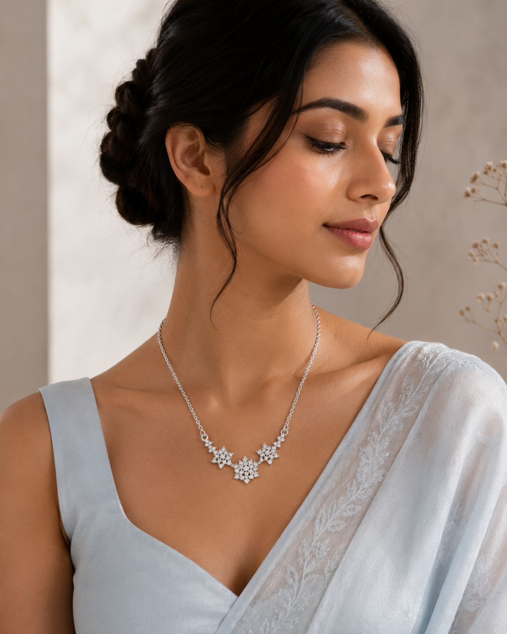 Silver CZ Floral Cluster Necklace