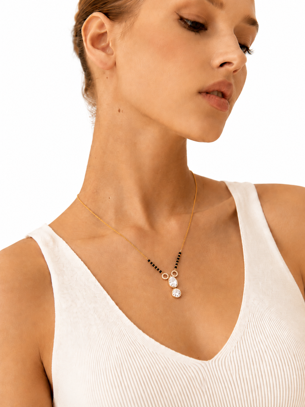 Elegant Rose Gold Mangalsutra with Dual Crystal Drop Pendant