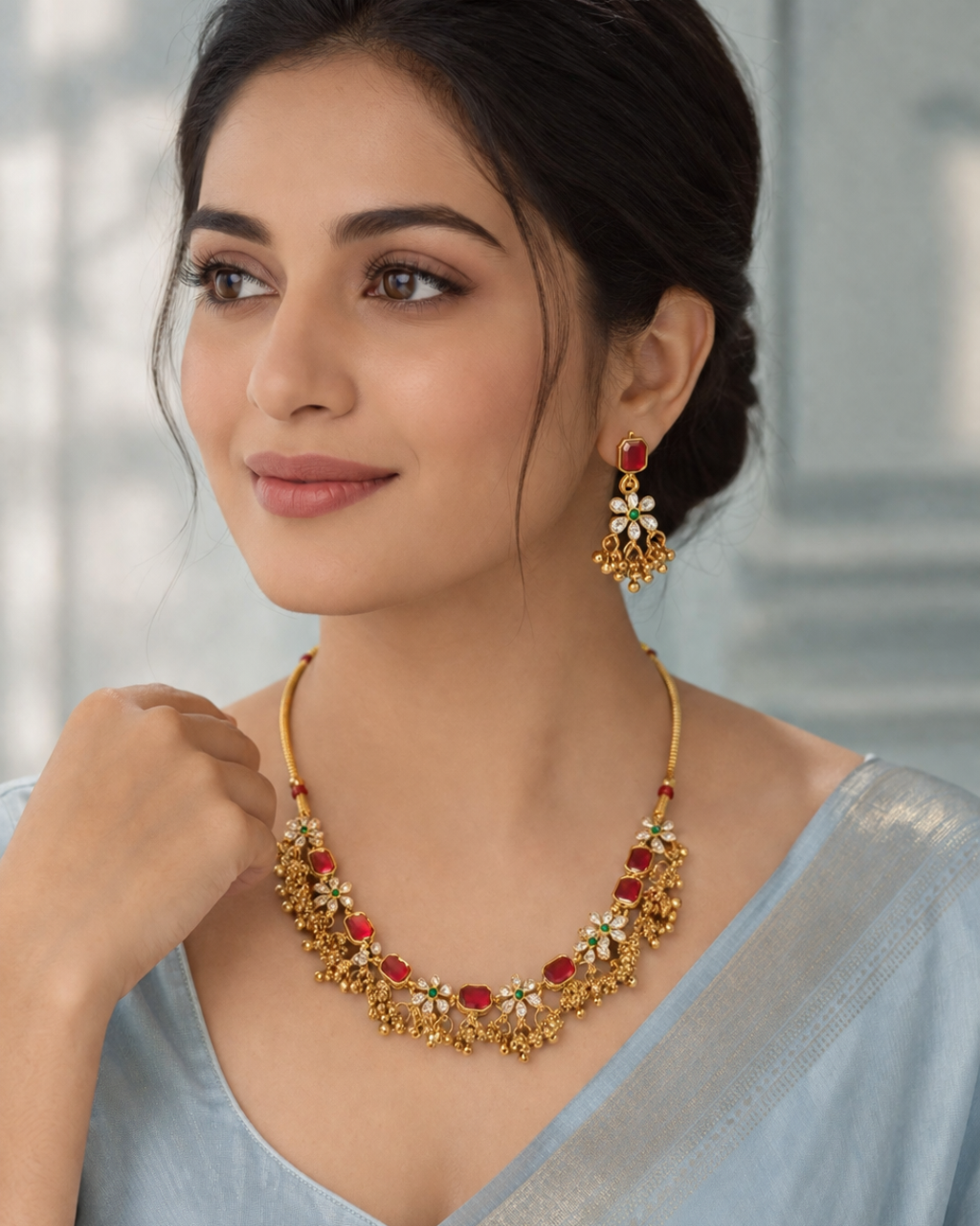 Ruby Blossom Gold Necklace Set