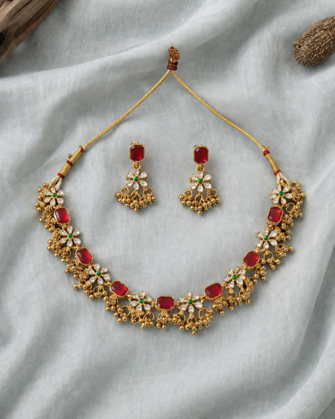 Ruby blossom floral gold necklace set