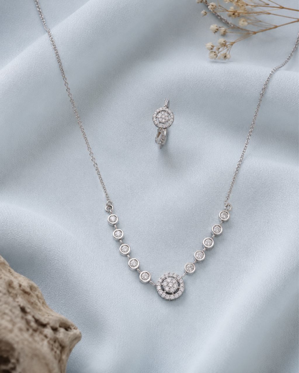 Silver CZ floral pendant necklace set