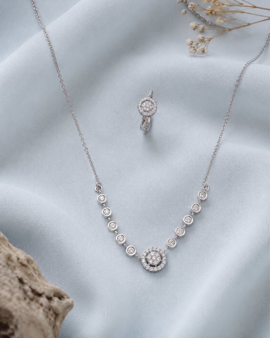Silver CZ floral pendant necklace set