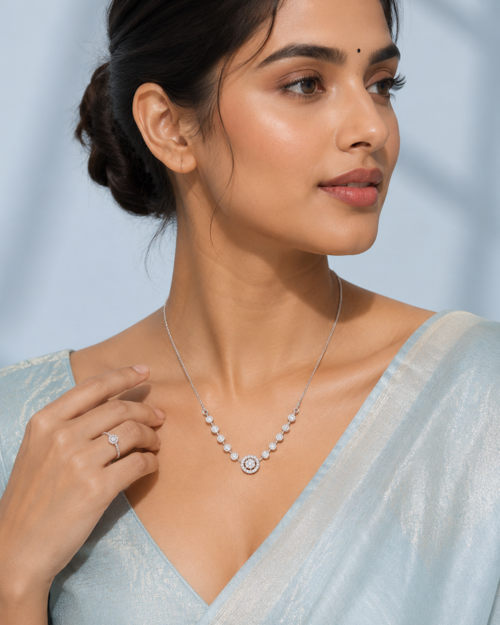 Silver CZ Floral Pendant Necklace Set