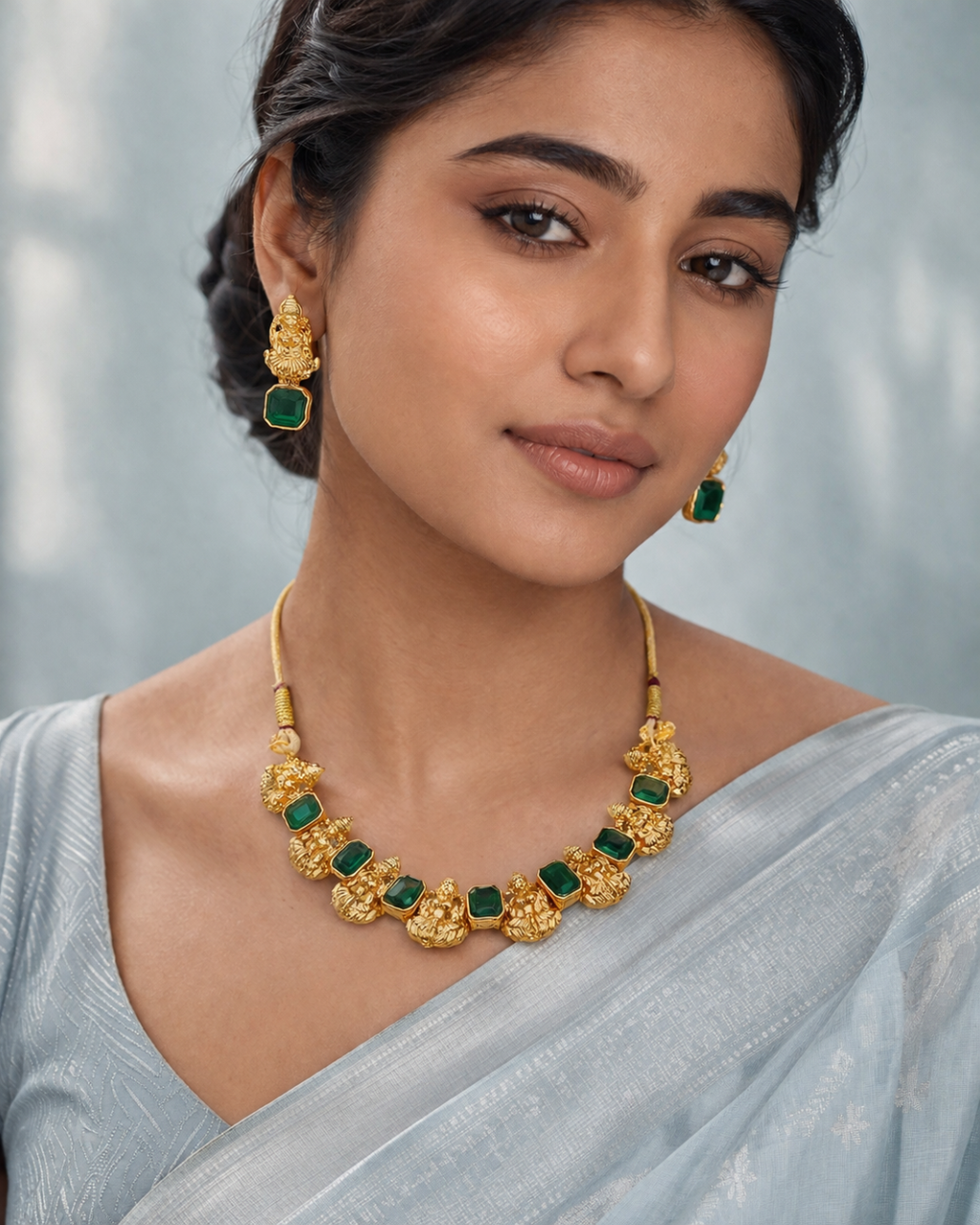Lakshmi Emerald Temple Necklace Set