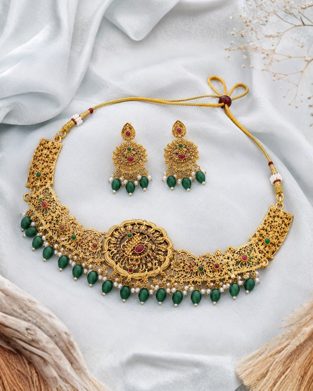 Royal antique floral ruby emerald choker set