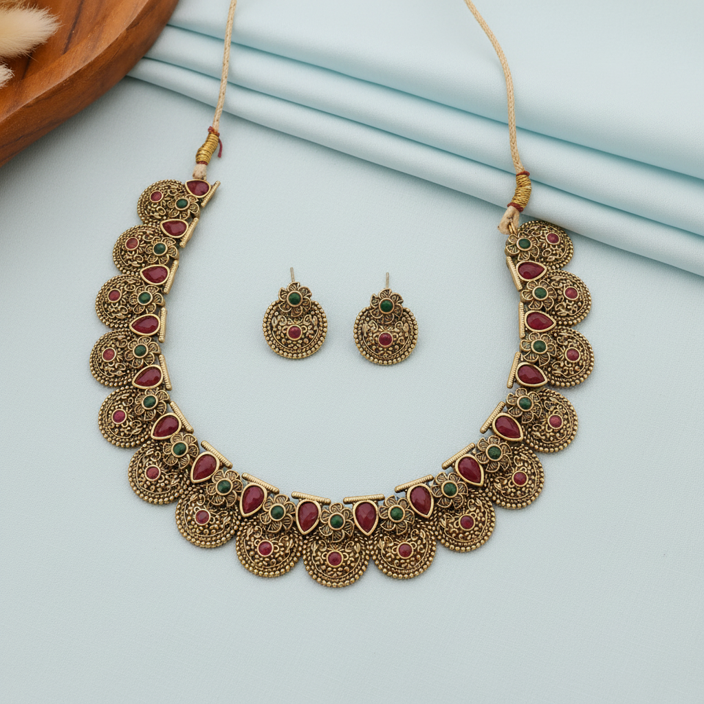 Antique ruby green necklace set with traditional pendant