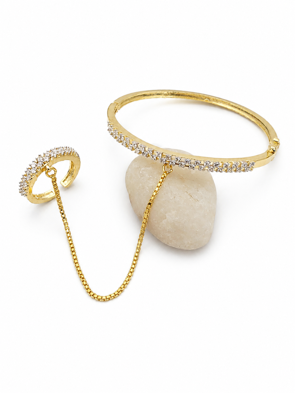 Elegant Gold Plated CZ Hand Bracelet Ring (Hathphool) for Women