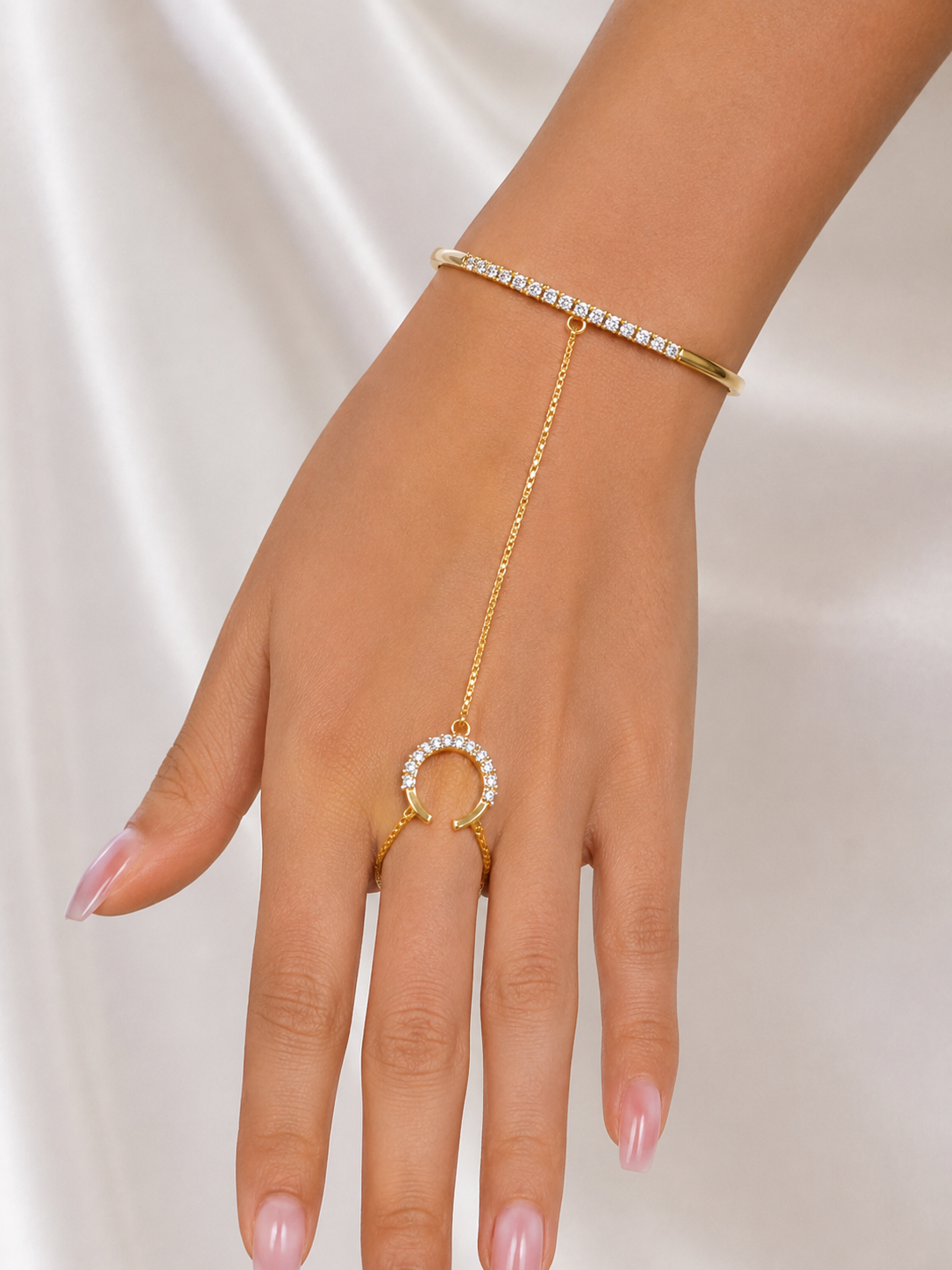 Elegant Gold Plated CZ Hand Bracelet Ring (Hathphool) for Women