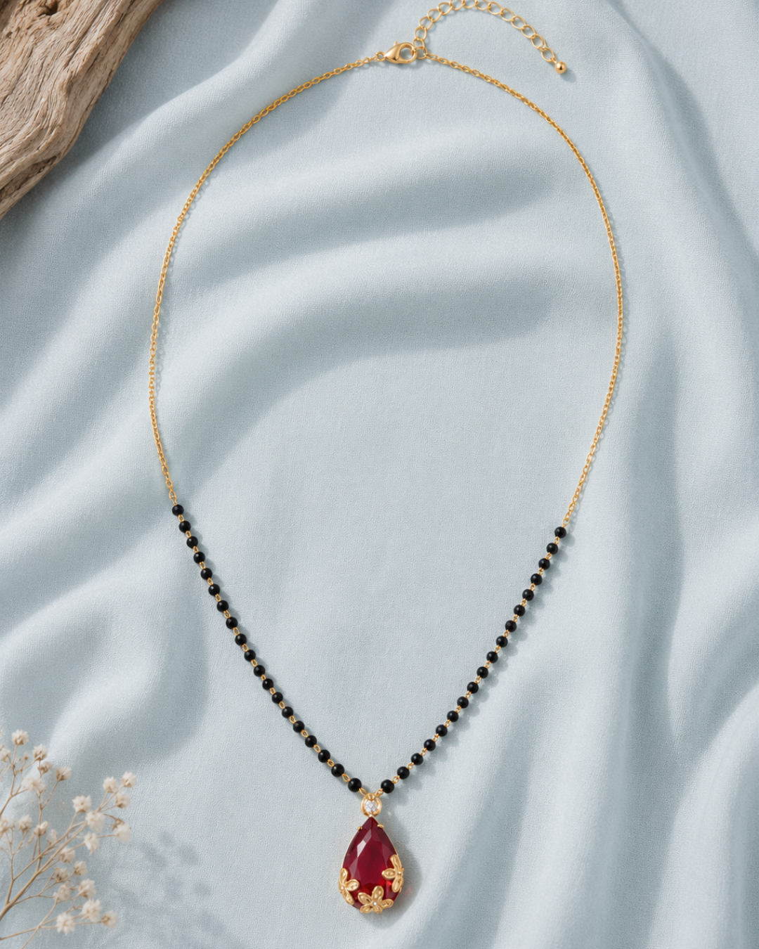 Ruby Red Teardrop Mangalsutra with Black Bead Chain