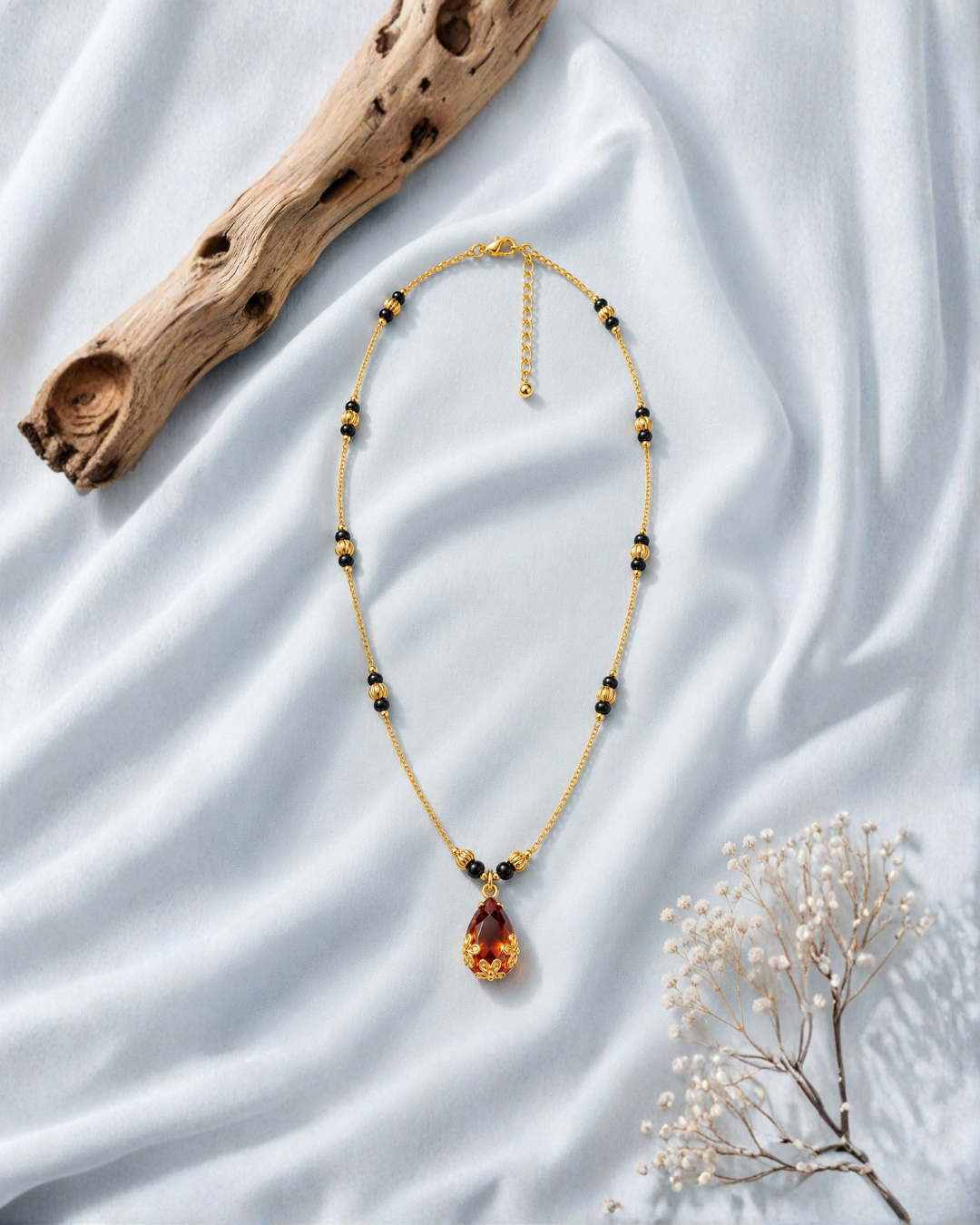 Ruby Red Teardrop Mangalsutra with Black Bead Chain