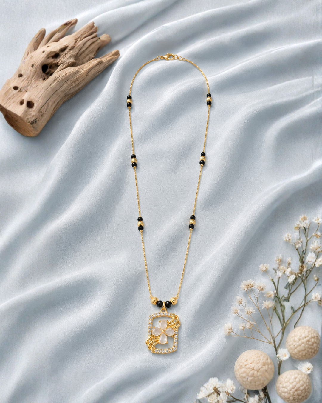 Floral CZ Pendant Mangalsutra with Black Bead Chain
