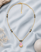 Gold Tone Pink Teardrop Mangalsutra with Black Beads