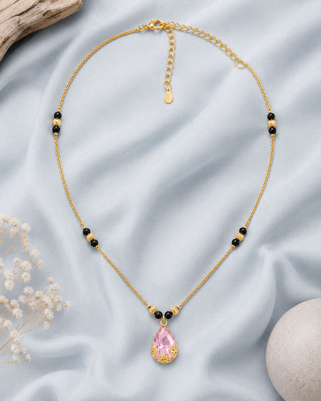 Gold Tone Pink Teardrop Mangalsutra with Black Beads