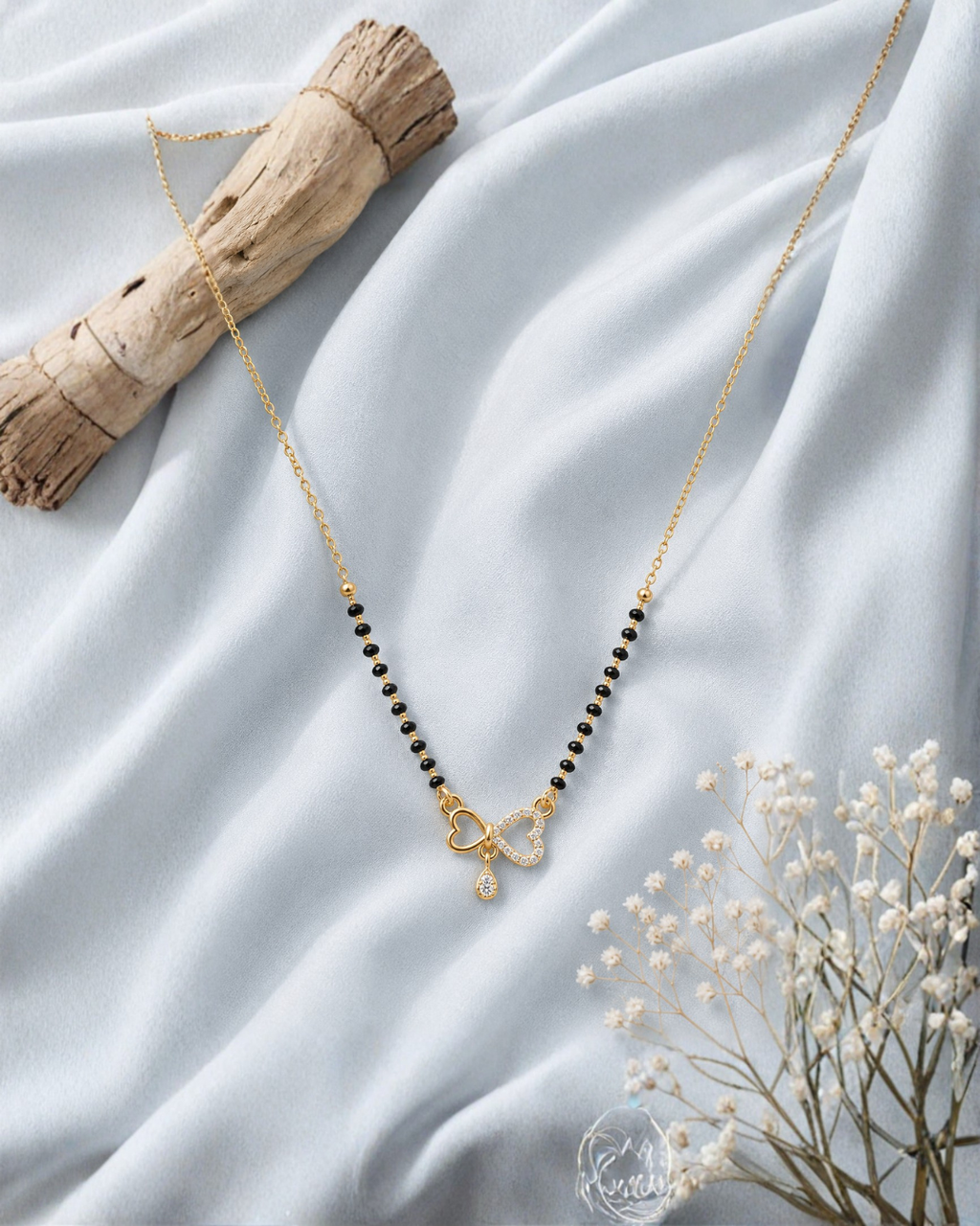 Twin heart crystal mangalsutra with black bead chain