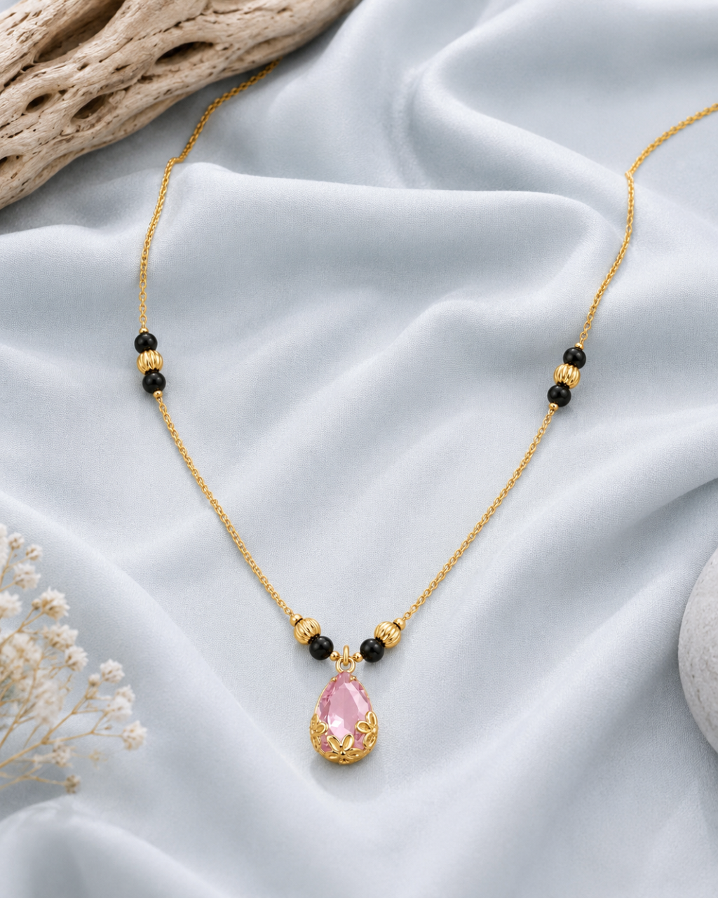Blush Pink Drop Mangalsutra with Gold Tone Floral Pendant