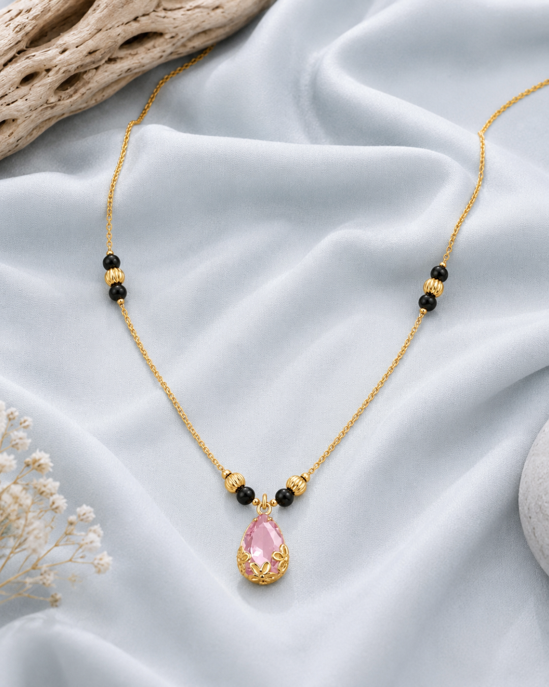 Blush Pink Drop Mangalsutra with Gold Tone Floral Pendant