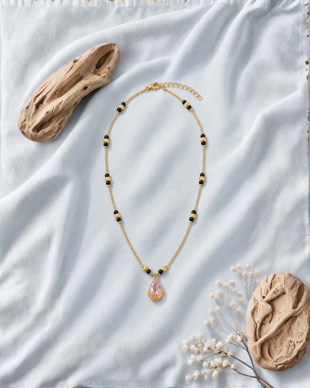 Blush pink teardrop mangalsutra with black bead chain