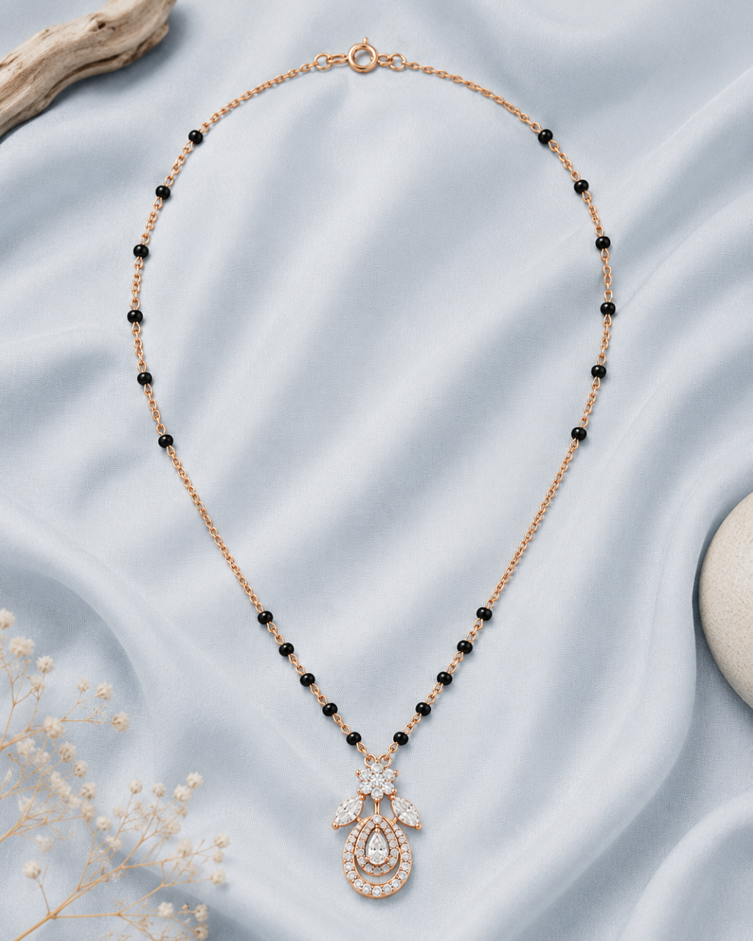 Rose Gold Floral Mangalsutra with Black Beads | Daily Wear